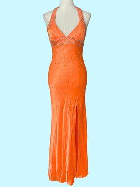 Y2K Orange Rhinestone Halter Prom Gown